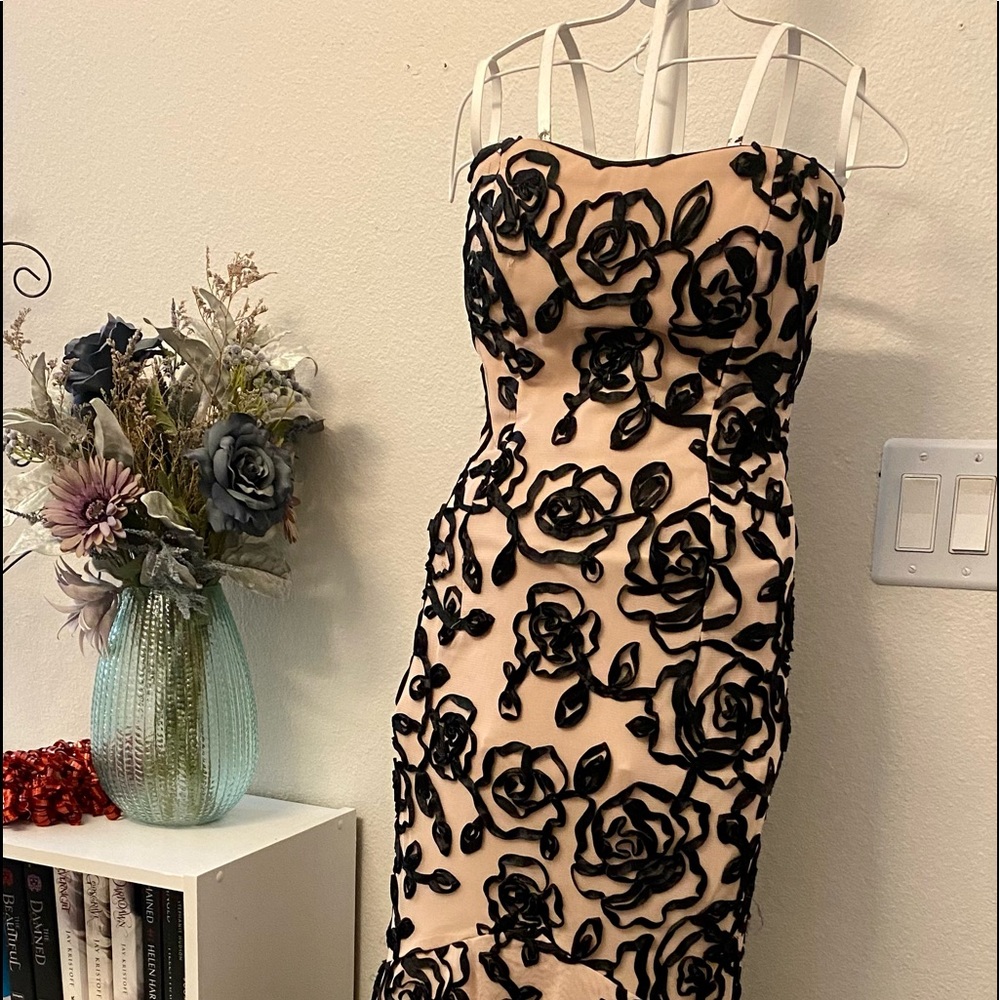 Prom dress, champagne with  black swirls.